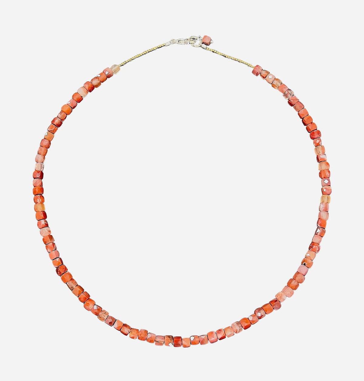 The ANN LIGHTFOOT Cube Carnelian Ras Du Cou Necklace features small, square red and pink beads in a single loop with a sterling silver clasp, shown on a white background.
