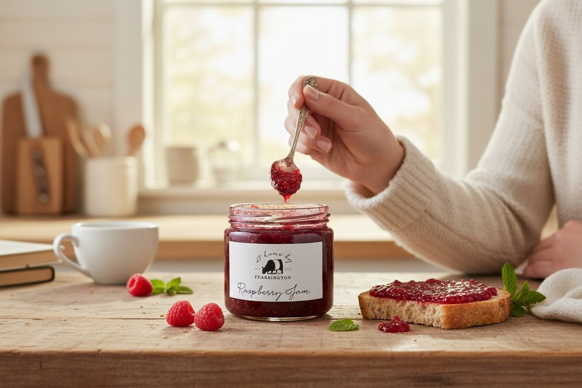 A glass jar of raspberry jam is displayed with a black and white striped ribbon adorning the lid. The white label reads "Fearrington Housemade Raspberry Jam" with a list of ingredients: raspberry, vanilla, lemon, pectin, sugar. The text also indicates it is handmade and may contain allergens. Perfect as a hostess gift!