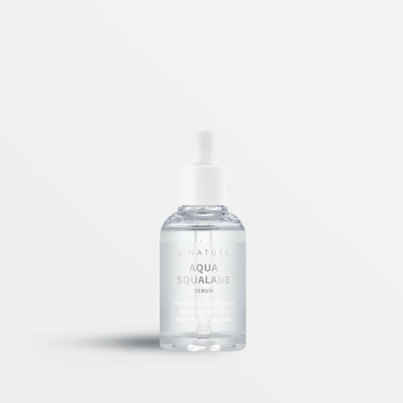 Three clear AQUA SQUALANE SERUM 50ML dropper bottles from ASIAN BEAUTY WHOLESALE are stacked with liquid dripping over them, set against a light gray background, showcasing this lightweight serum that helps tighten pores.
