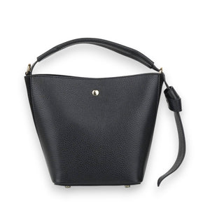The LE BORSETTE FIRENZE Convertible Leather Handbag is crafted from black textured Italian leather with a single top handle, curved silhouette, gold-tone hardware, flap snap closure, and a side buckle strap, shown against a white background.