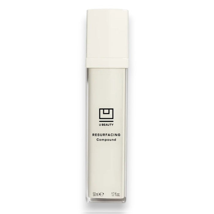 A white rectangular 15ml bottle of U BEAUTY RESURFACING COMPOUND with black text and a minimalist logo, designed to resurface and brighten skin while targeting fine lines and wrinkles.