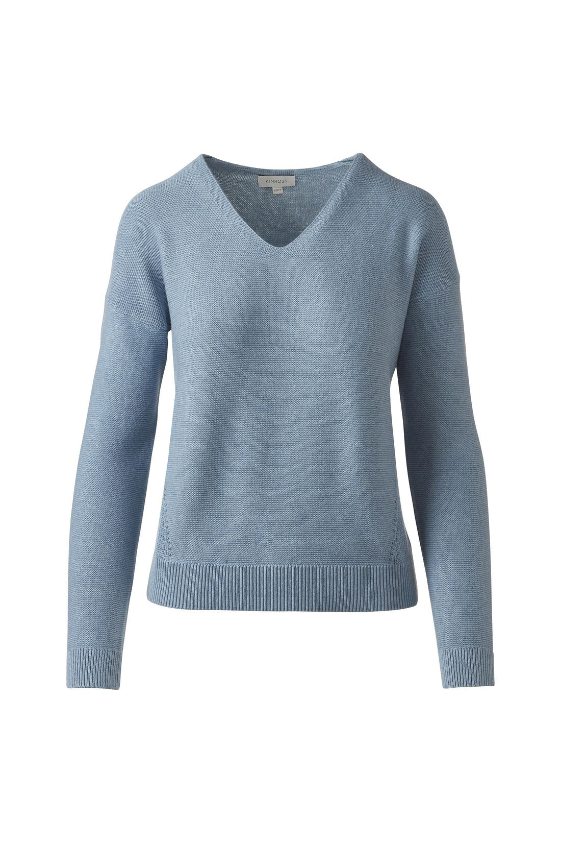 The KINROSS MICRO GARTER EASY VEE NECK COTTON SWEATER in Cove Blue features long sleeves, ribbed cuffs and hem, and a premium cotton knit, shown against a plain white background.