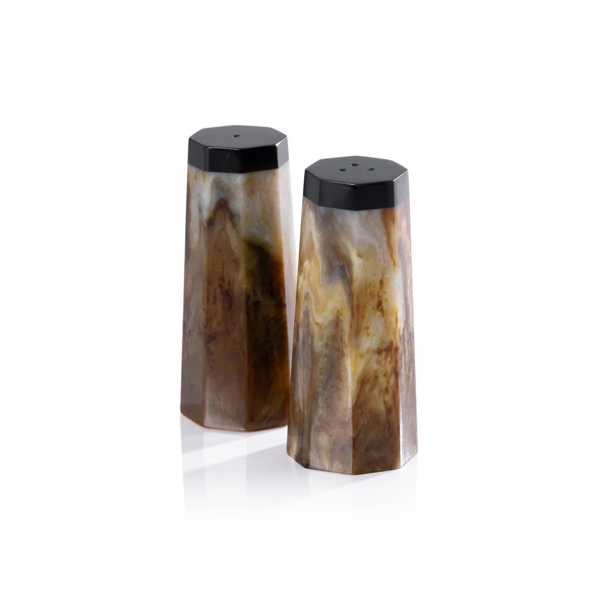 The ZODAX BURL WOOD DESIGN RESIN SALT AND PEPPER SHAKERS feature brown and beige marbled resin with black tops, beautifully displayed on a white background—ideal for resin decor enthusiasts.