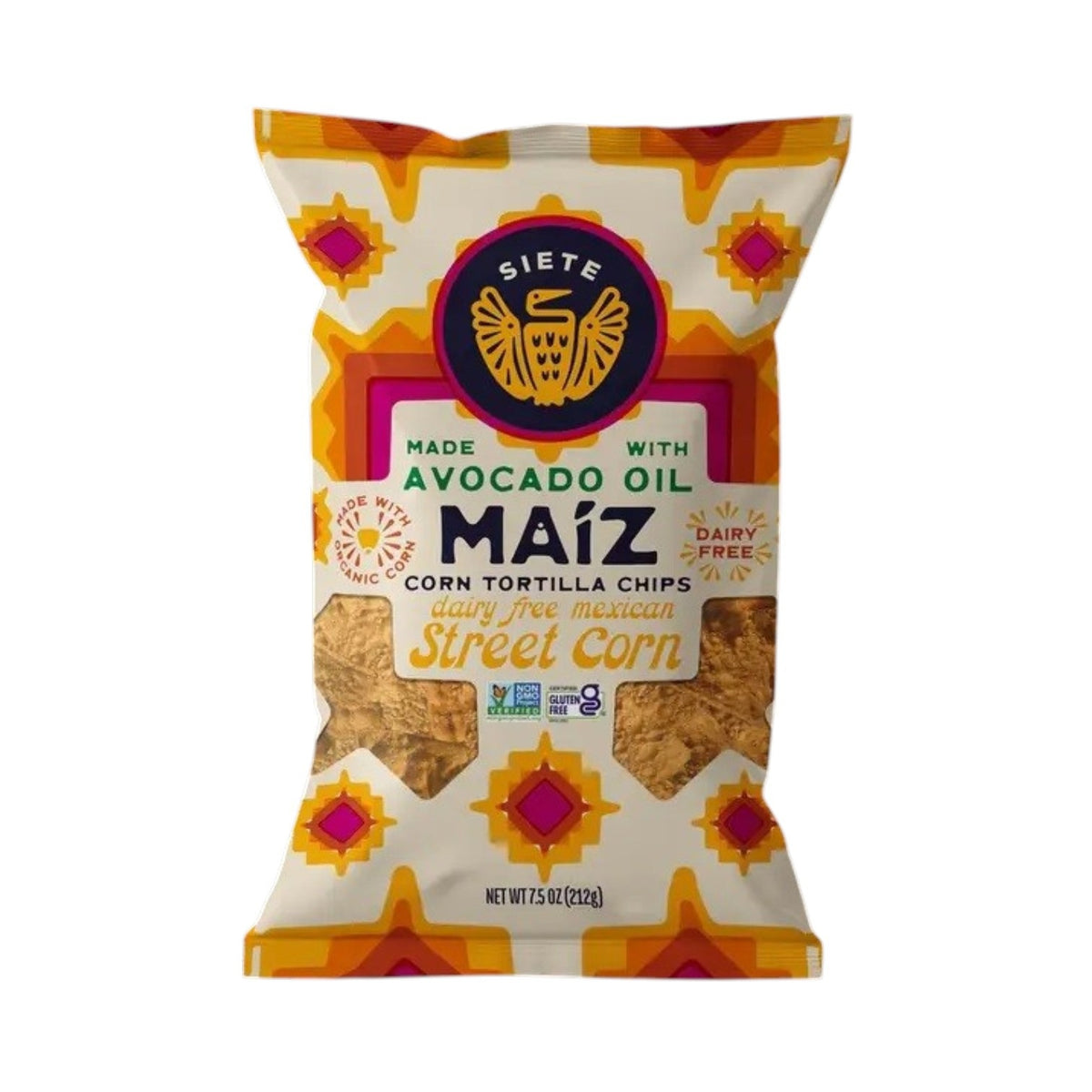 A vibrant bag of SIETE FOODS SIETE-MAIZ MEXICAN STREET CORN TORTILLA CHIPS, labeled “Made with Avocado Oil” and “Dairy Free Mexican Street Corn,” features colorful geometric patterns set against a sleek black background. These delicious, dairy free tortilla chips from SIETE FOODS deliver the authentic taste of Mexican street corn in every bite.
