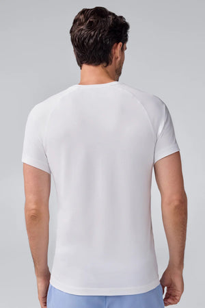 The MACK WELDON 18 Hour Jersey Crewneck Undershirt in Bright White is a slim-fit, short-sleeve tee crafted from soft jersey, shown laid flat on a white background.