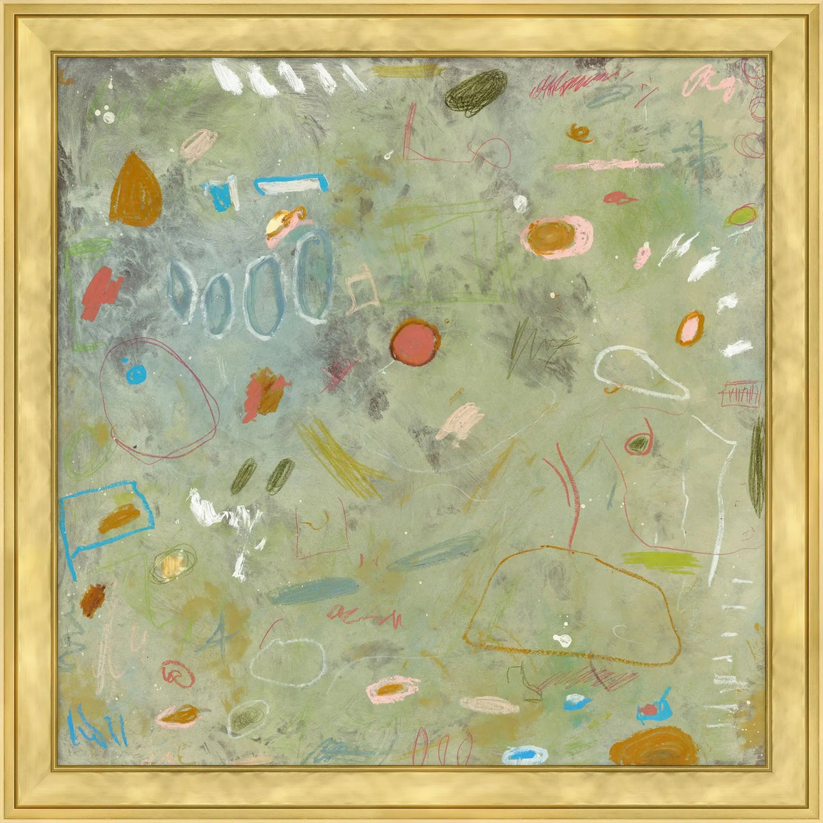 The SPAGHETTI AT THE WALL ARTWORK by WENDOVER features abstract canvas art in pastel and earth tones, displaying scattered shapes, lines, and scribbles across a muted greenish-gray background. Presented in a light wood frame, this playful and expressive piece brings modern charm to any space.