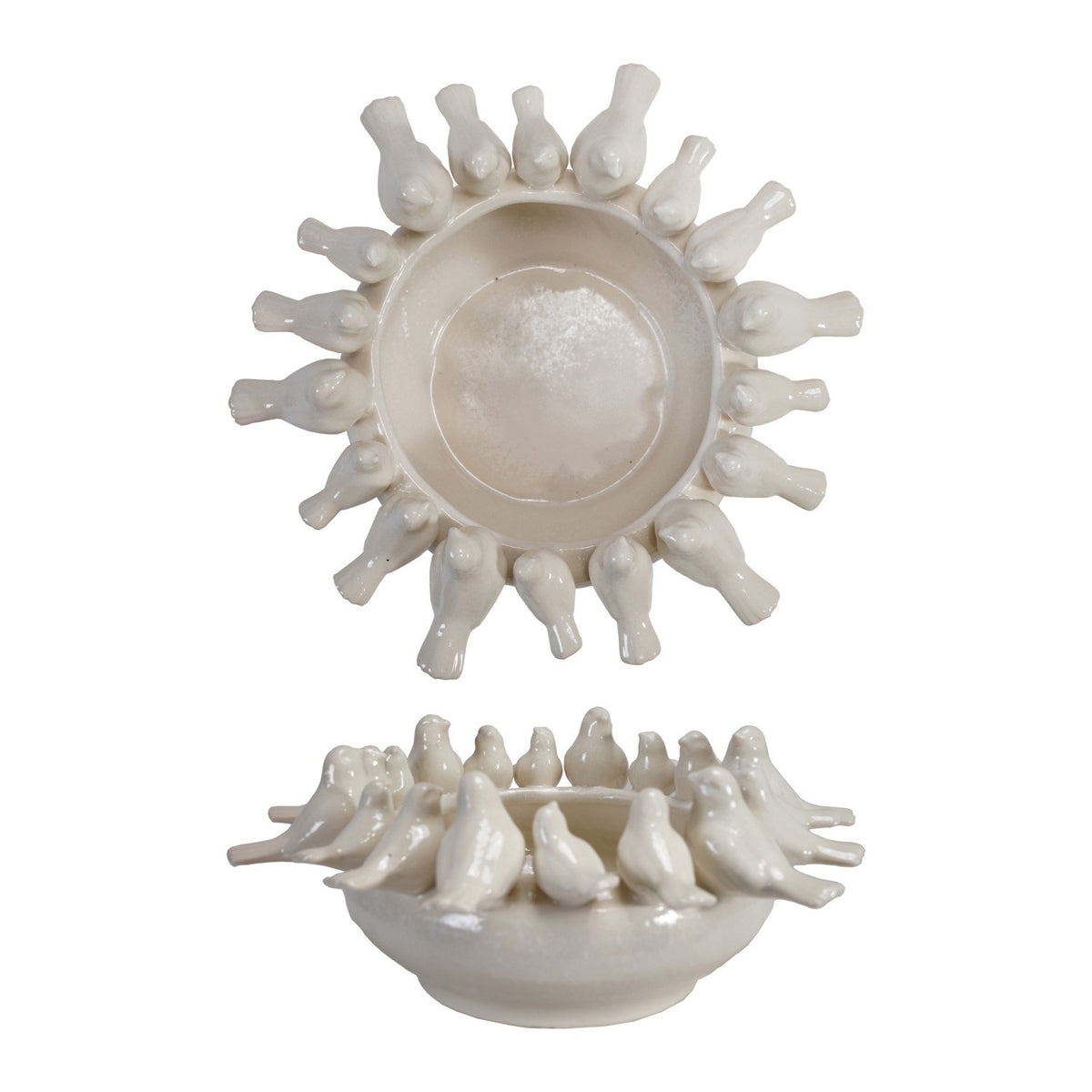 The CREATIVE COOP DECORATIVE STONEWARE BOWL WITH BIRDS ON RIM features charming bird figurines perched along the edge—a lovely accent for farmhouse decor. One bowl is seen from above, the other from the side, highlighting its three-dimensional details.