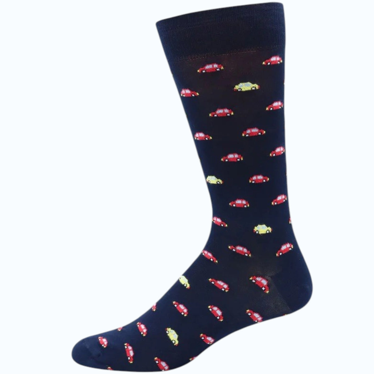 The LORENZO UOMO - FUN CAR SOCKS IN NAVY feature small red and yellow car designs on soft Egyptian cotton, crafted in Italy by LORENZO UOMO.