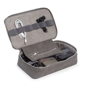 The BEYBERK INTERNATIONAL LEATHERETTE TECH ACCESSORIES TRAVEL CASE is a rectangular gray case with a zippered, minimalist design—ideal for organizing essentials. Shown against a plain white background.