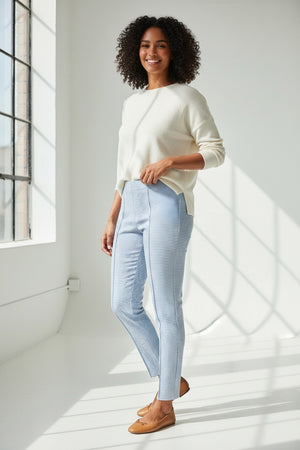 The MAC - ANNA PULL ON trousers by MAC are slim fit, blue and white checkered, shown front-facing with a fitted waist and straight legs, crafted from easy-care material and laid flat on a white background.
