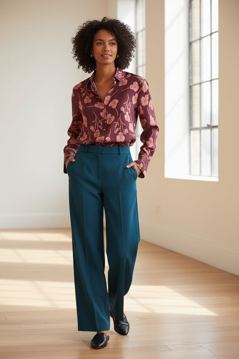 A woman stands indoors with sunlight streaming through large windows onto the wooden floor. She wears the MIRTO 1956 FLORAL SILK BLOUSE by MIRTO 1956—a maroon, floral print blouse—paired with teal wide-leg trousers and black shoes. Her curly hair frames her face as she poses with hands in her pockets.