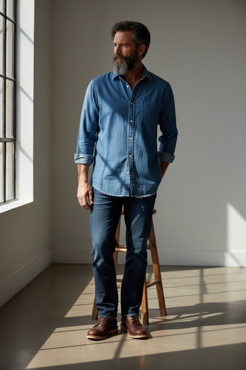 A man with a beard stands indoors near a wooden stool and window, wearing the FRANK & EILEEN LUKE Men’s Button Up Shirt in Famous Denim Vintage Stonewashed Indigo, paired with jeans and brown shoes. Sunlight casts shadows on the floor and wall.