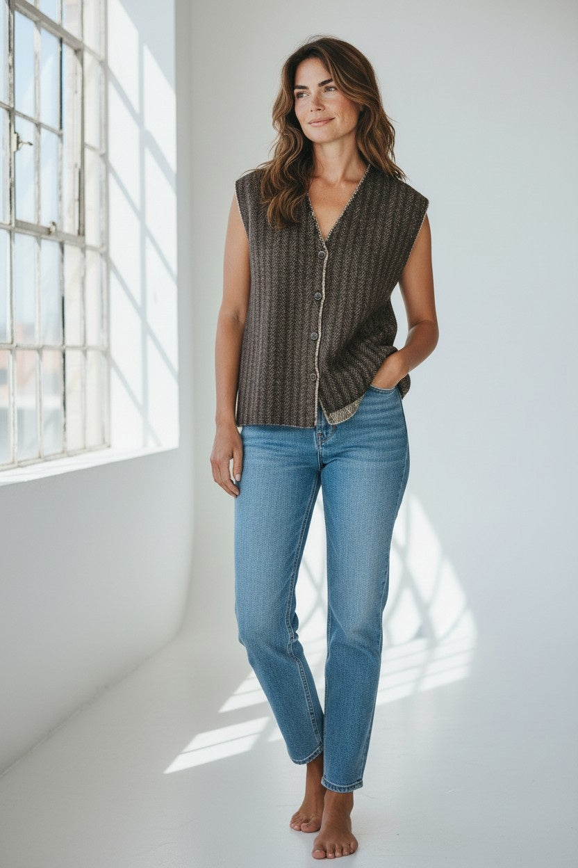 A woman stands barefoot in a bright room, wearing the FLOOR - CARDIGAN VEST IN ESPRESSO by FLOOR and blue jeans. She has one hand in her pocket and looks slightly to the side with a soft smile.