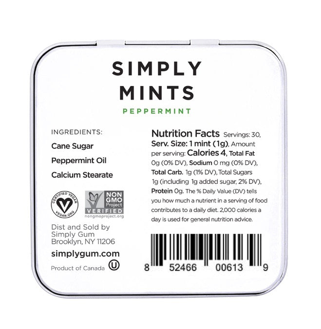 A small white tin labeled "SIMPLY GUM - PEPPERMINT MINTS" with a large image of a green peppermint leaf below the text. Experience a burst of freshness with these peppermint mints from SIMPLY GUM. The net weight is indicated as 1.1 oz (30g) in the bottom right corner.