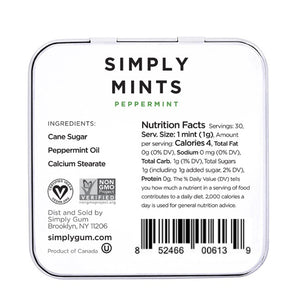 A small white tin labeled "SIMPLY GUM - PEPPERMINT MINTS" with a large image of a green peppermint leaf below the text. Experience a burst of freshness with these peppermint mints from SIMPLY GUM. The net weight is indicated as 1.1 oz (30g) in the bottom right corner.
