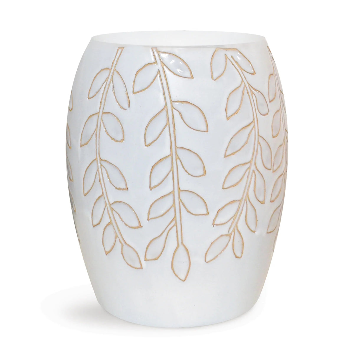 The NAPA HOME AND GARDEN - IVY STOOL is a glossy, white ceramic vase with a feminine design of vertical branches and leaves. A subtle gold-outlined carved vine motif enhances its elegant appearance, while blush and white tones contribute to the vase&#39;s refined charm.