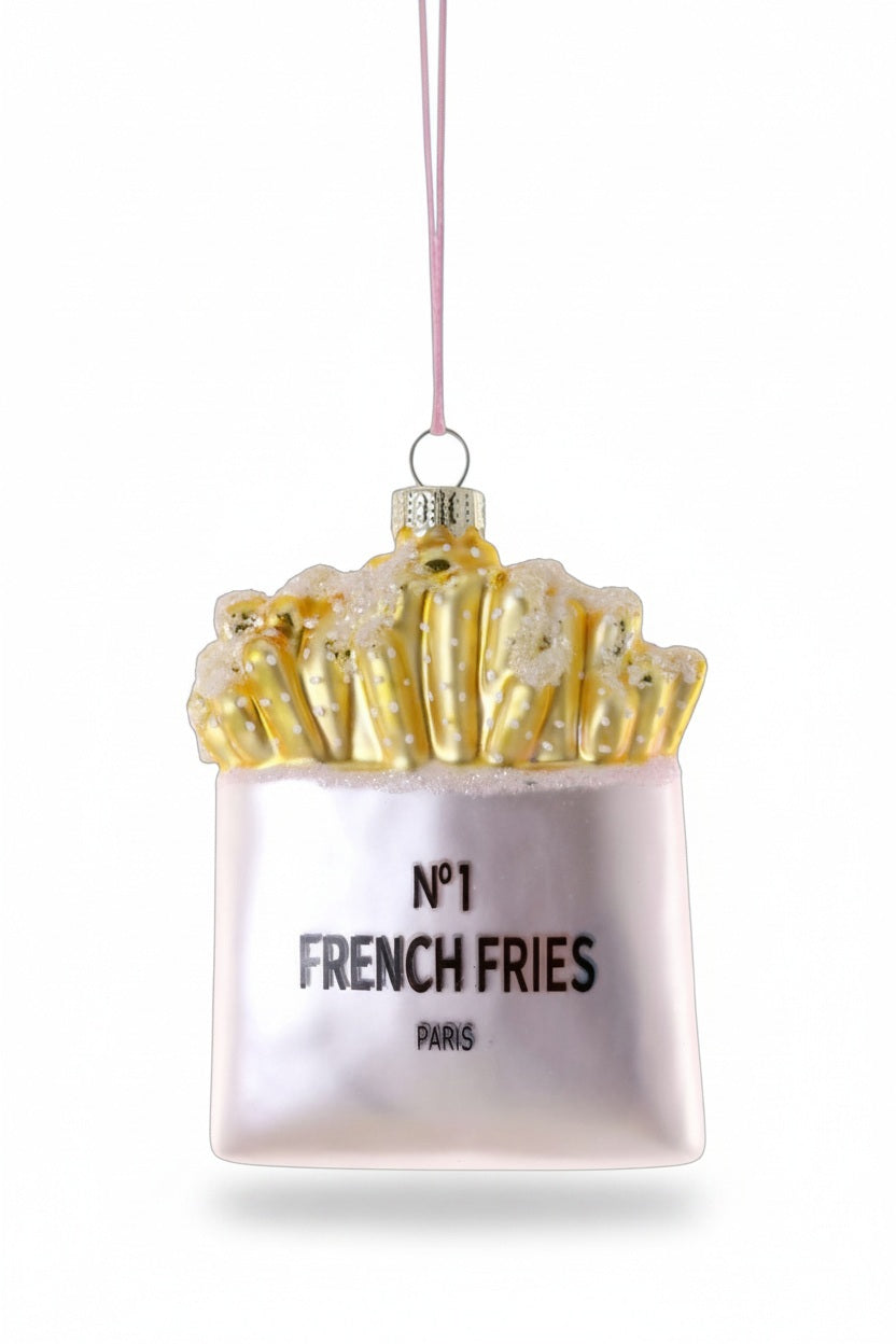 Cody Foster Fancy Fries ornament shaped like a carton of fancy fries, labeled “No. 1 FRENCH FRIES PARIS.”.