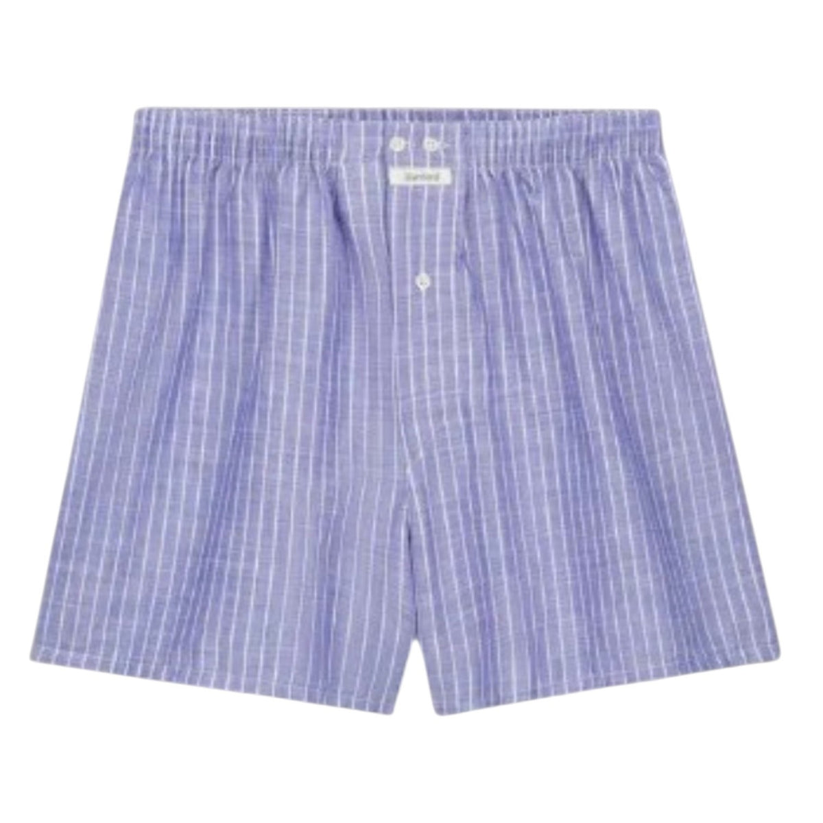The HARTFORD - COTTON BOXER SHORTS, STRIPE by HARTFORD showcase blue and white vertical stripes and are crafted from upcycled cotton for sustainable men’s underwear. These boxer shorts feature an elastic waistband and front buttons, presented against a white background.