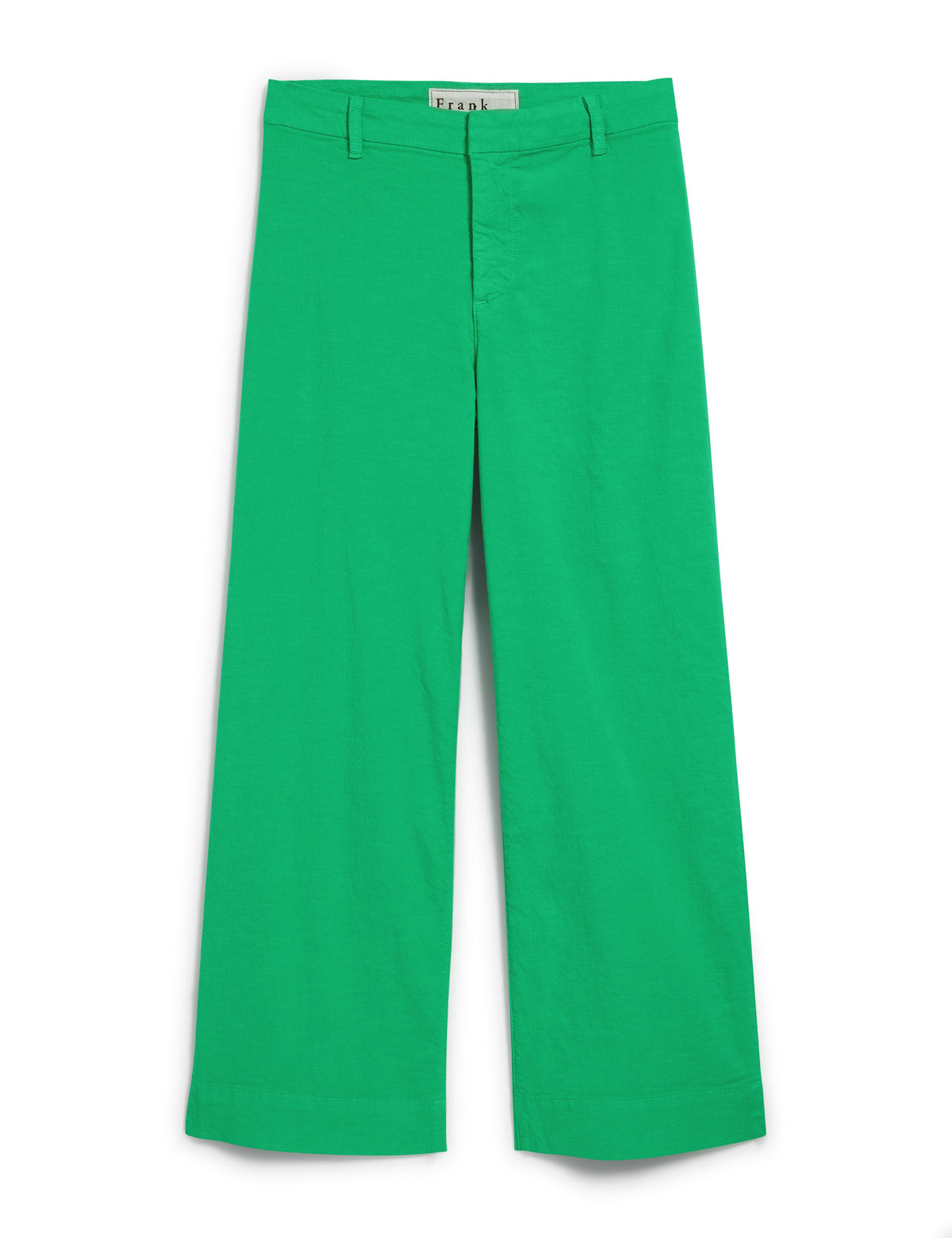 FRANK &amp; EILEEN presents the Wexford Wide Leg Trouser in Kelly Green, crafted from Italian Performance Linen. Set against a white background, it boasts a trouser waistband and visible stitching for added charm.