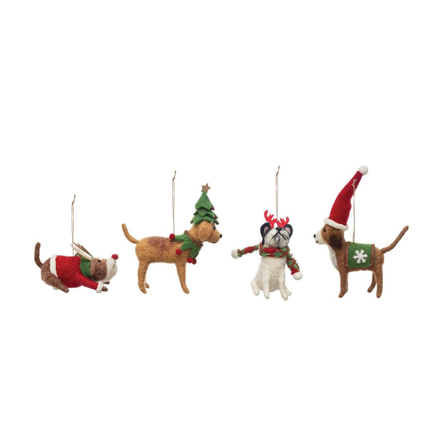 The HOLIDAY FELT DOG ORNAMENT set by CREATIVE COOP features four delightful felt animal ornaments, crafted from cozy polyester. The ornaments include a reindeer dog, a dog with a tree hat, a dog wearing wooly reindeer antlers, and another donning a Santa hat. Each charming piece comes with an attached string for easy hanging.