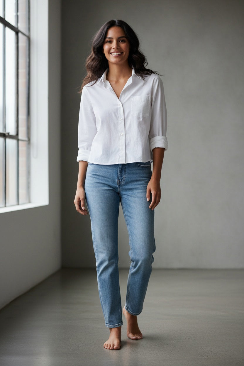 The FRANK & EILEEN Silvio Untuckable Button-Up Shirt in Superluxe Cotton, featuring a chest pocket and rolled-up sleeves, is laid flat on a textured surface. The inside label reads "Frank & Eileen EST 1947.