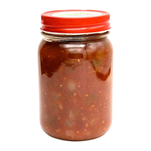 A glass jar of TWO MEN AND A GARDEN - HOT SALSA features chunky, spicy salsa infused with habanero, sealed with a red metal lid and shown on a white background.
