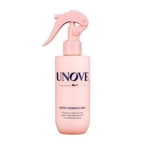 A hand holds a bottle of EXOD INTERNATIONAL's UNOVE - WATER ESSENCE HAIR MIST against a pink background. Text highlights its nutrient-rich formula, which hydrates hair, locks in moisture, improves damaged hair with 36 protein nutrients, and offers detangling and conditioning benefits.