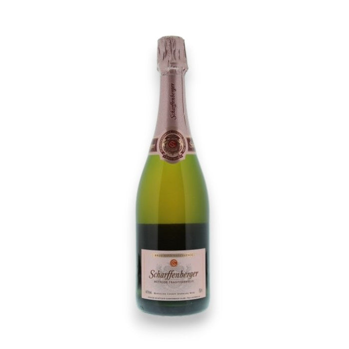 A bottle of Scharffenberger Brut Rose sparkling wine by Johnson Bros./Mutual/Epiphany, crafted in Mendocino, features a foil-wrapped neck and label with the brand name. This elegant green bottle blends Pinot Noir and Chardonnay against a plain white background.