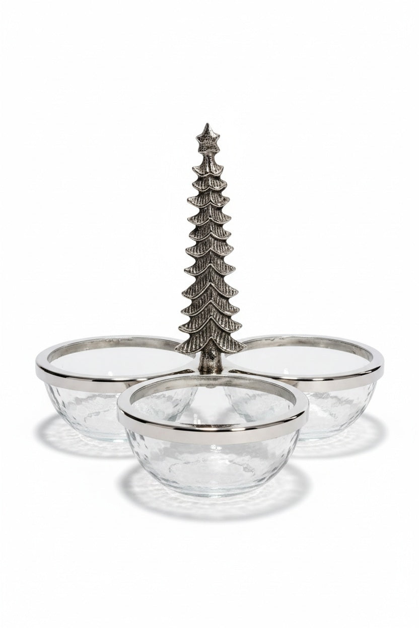 ZODAX GLASS AND METAL TRIO CONDIEMNT SET featuring three clear glass bowls with silver rims arranged around a central steel construction Christmas tree handle.