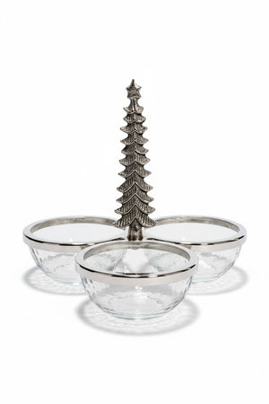 ZODAX GLASS AND METAL TRIO CONDIEMNT SET featuring three clear glass bowls with silver rims arranged around a central steel construction Christmas tree handle.