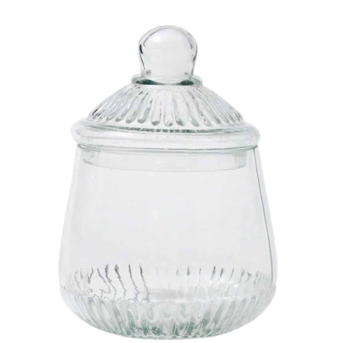 ETUHOME Bistro Glass Biscuit Jars with lids sit on a wooden tray, filled with snacks and orange-wrapped candies. The classic jar design by ETUHOME stands out against the softly blurred background.