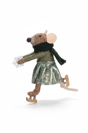 ABBOTT SKATING MOUSE ORNAMENT made of wool felt, wearing a green sweater, dark green scarf, and metallic skirt, holding a white snowflake while wearing wooden ice skates.