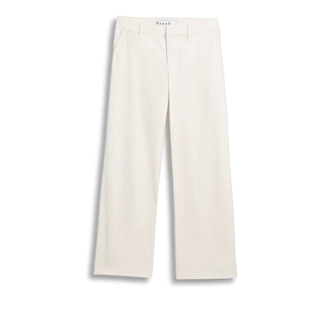 The FRANK & EILEEN Westport Italian wide leg chino in Chalk is a white, mid-rise ankle pant with belt loops and side pockets, crafted from performance twill and shown flat on a white background.