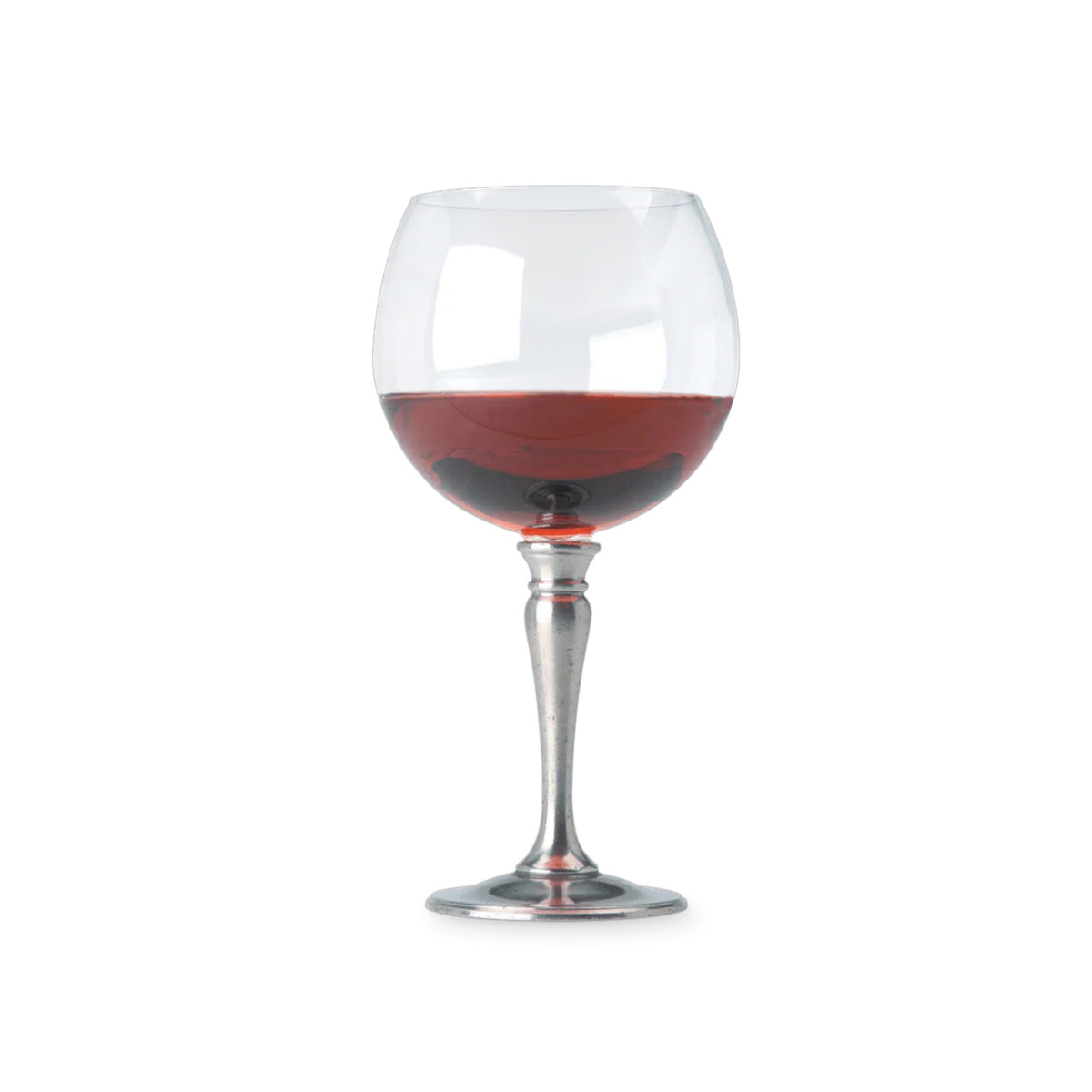 The MATCH - CLASSIC PEWTER BALLOON WINE GLASS by MATCH, made from lead-free European crystal with a tall, elegant pewter stem, is half-filled with red wine and set against a plain white background.