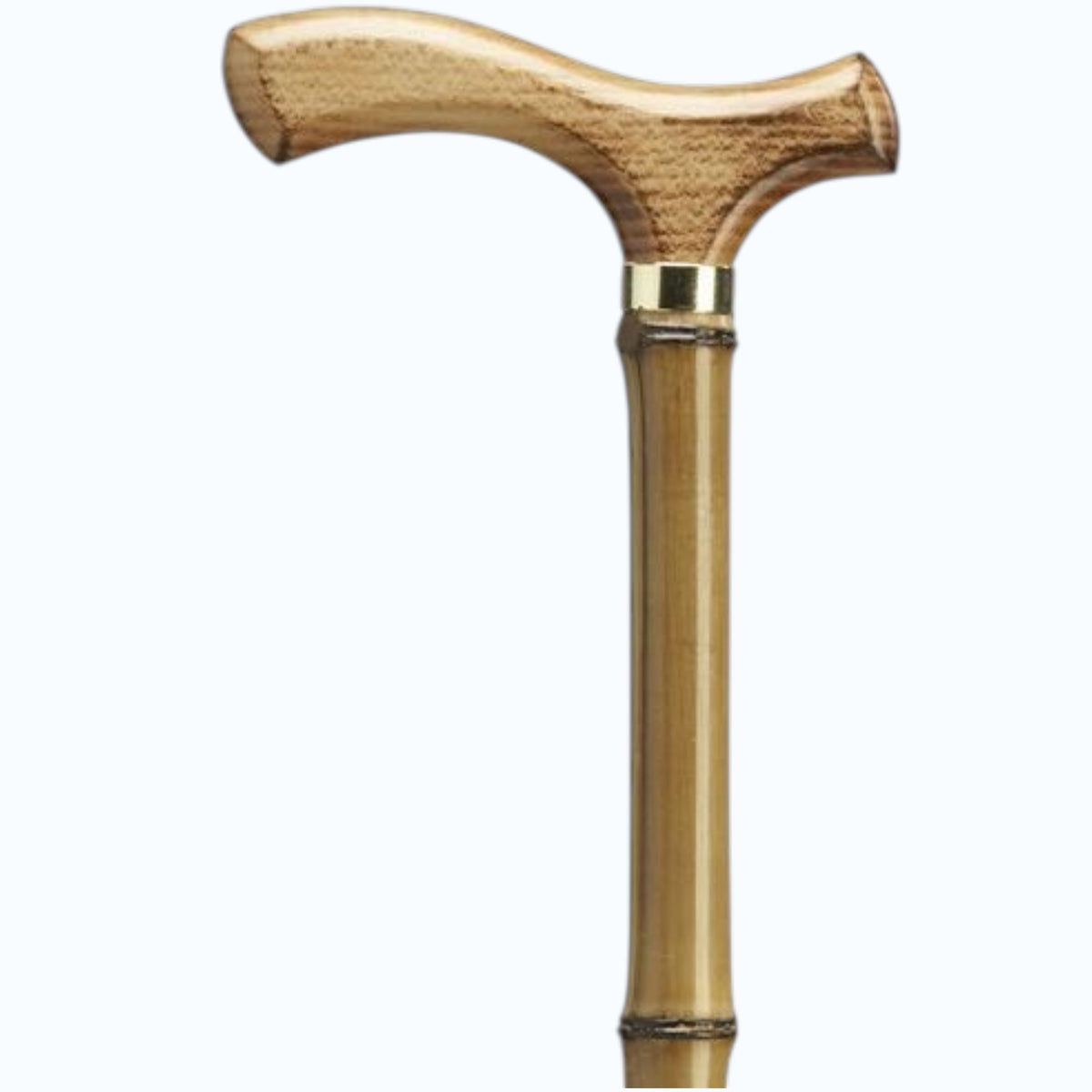 The HARVY CANES - Scorched Fritz Handle on Bamboo Cane features a sturdy Fritz handle, smooth finish, and metal band below the handle for added support.