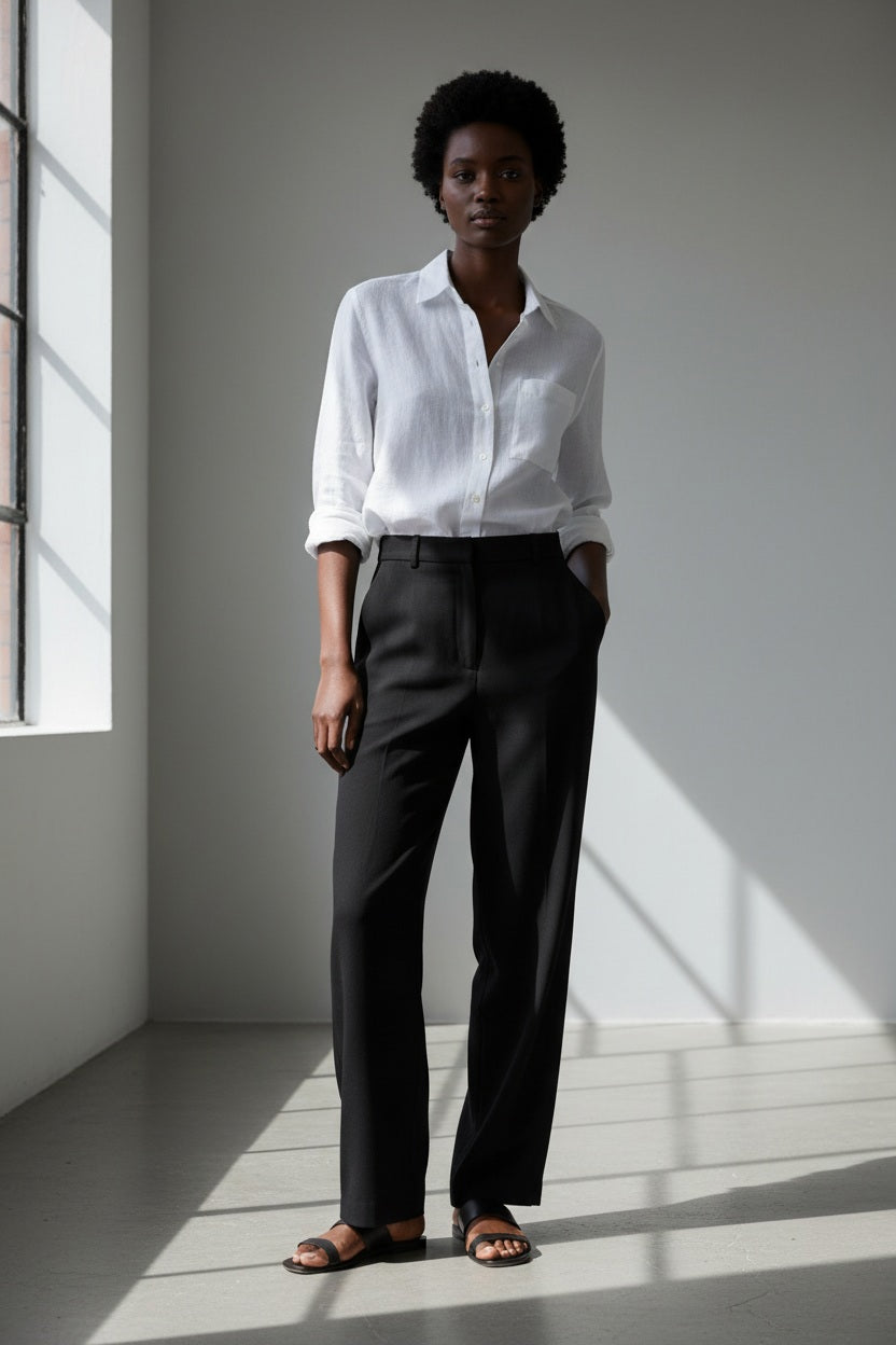 A person with curly hair wears the FRANK &amp; EILEEN EILEEN Relaxed Button Up in Washed Linen White, standing outdoors against a blurred background of greenery and a building.