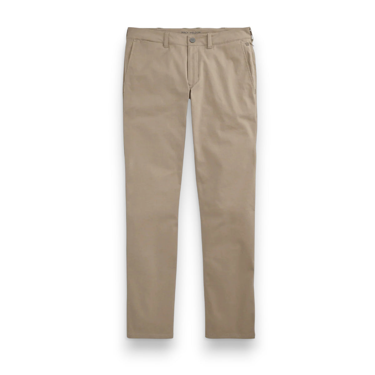The MACK WELDON - MAVERICK TECH CHINO is a beige, stain-resistant pair of chinos with a straight-leg cut, button closure, and side pockets, shown laid flat on a white background.