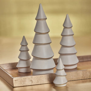 The ZODAX ALPINA White Porcelain Tree with Gold Trim 6.5" features five tiered layers in a stylized Christmas tree shape, set against a plain white background.