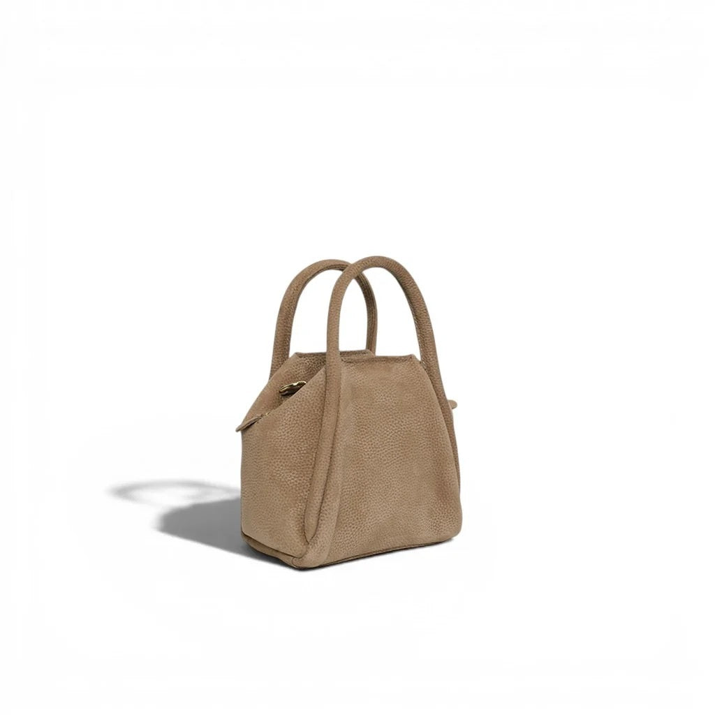 OLIVEVE MINI TAYA TOP HANDLE CROSSBODY in Taupe Biscotto Nubuck cowhide with a detachable shoulder strap.