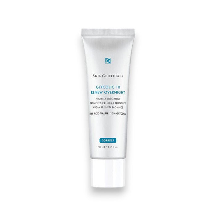 A 50 ml white tube of SKINCEUTICALS - GLYCOLIC 10 RENEW OVERNIGHT cream by SkinCeuticals. The text on the tube states it is a nightly treatment that promotes cellular turnover and refined radiance with a free acid value of 10% glycolic acid, enhancing skin exfoliation. The product falls under the &quot;Correct&quot; category.