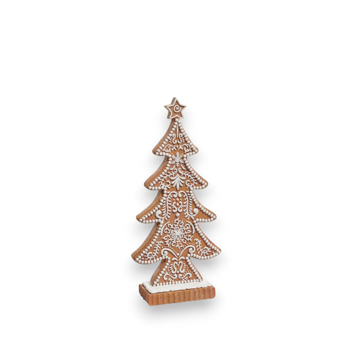 The GINGERBREAD TREE by RAZ IMPORTS is a Christmas tree-shaped cookie, adorned with intricate white icing and a star topper, standing upright like a festive sculpture against a white background.