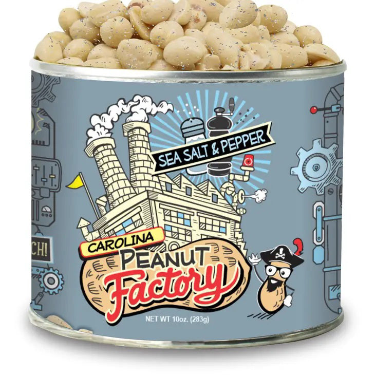 A tin can labeled &quot;1949 NUT COMPANY&quot; showcases a cartoon factory and a pirate peanut. The label states &quot;Salt and Pepper Peanuts.&quot; The can is open, displaying a pile of seasoned peanuts at the top. The background features industrial and nautical-themed illustrations.