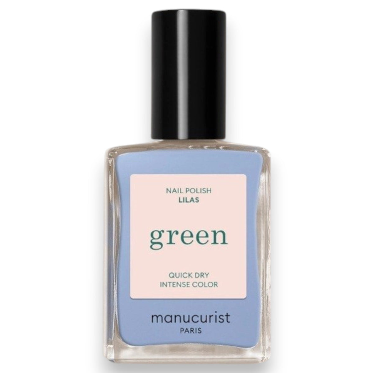 A white nail polish brush spreads MANUCURIST - GREEN™ NAIL POLISH IN LILAS by MANUCURIST INC, a pale lavender vegan formula, smoothly across the surface to create a glossy, even layer.