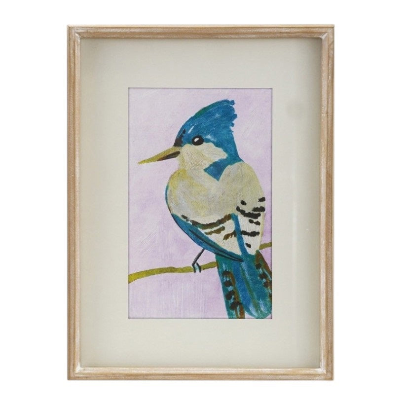 The FRAMED WALL ART FEATURING BIRDS by CREATIVE COOP showcases two rustic wooden-framed pieces: a white bird with red and blue spots on red, and a blue and beige bird on purple—colorful décor perfect for any space.
