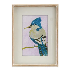 The FRAMED WALL ART FEATURING BIRDS by CREATIVE COOP showcases two rustic wooden-framed pieces: a white bird with red and blue spots on red, and a blue and beige bird on purple—colorful décor perfect for any space.