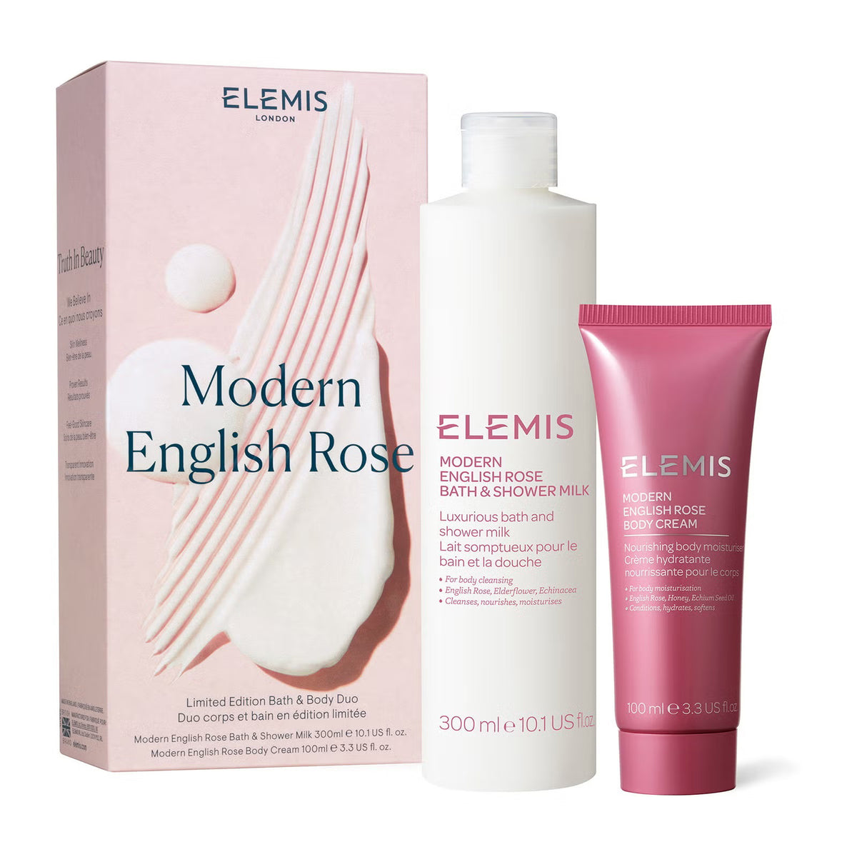 The ELEMIS - ENGLISH RODY BODY DUO from ELEMIS - STEINER includes a 400-ml bottle of British Wilderness Milk Bath and a 200-ml tube of British Wilderness Shower Cream. This luxurious Bath &amp; Shower set is presented in attractive packaging that showcases a decorative design and features small images of the products on the front.
