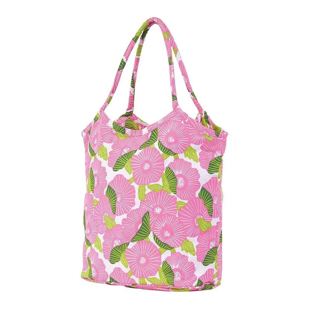 The ROCKFLOWERPAPER POPPY PAPAVER BUCKET BAG is a spacious cotton canvas tote with large pink flowers and green leaves on white. Featuring two handles, this stylish bag by ROCKFLOWERPAPER is perfect for everyday shopping or casual use.