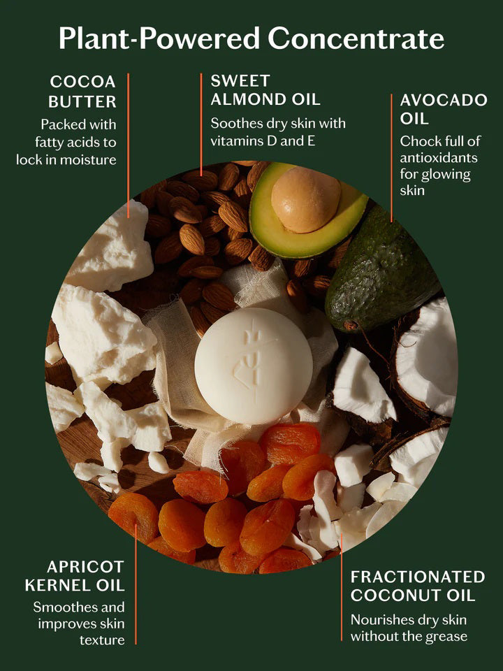 A person uses the KATE MCLEOD - DAILY STONE DEEP MOISTURIZING LOTION BAR on their shoulder. Instructions: "Apply a small amount of our concentrated cocoa butter formula. Warm in hands, glide onto dry skin, massage the natural oils, and enjoy deep moisturization." Wooden background.