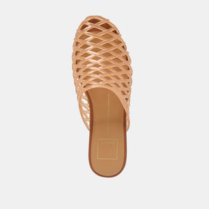 DOLCE VITA - GINNA JELLY FLATS IN WHISKEY featuring a tan jelly flat with a woven, crisscross cage design in a versatile slip-on sandal style.