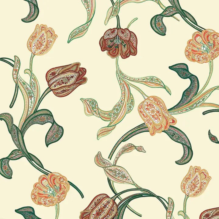 The LIBERTY A VENEZIA beverage napkins by PAPER PRODUCTS DESIGN feature a stunning arrangement of green, brown, and orange patterned flowers and paisley leaves against a light beige backdrop. Proudly made in Germany, these 3-ply paper napkins are perfect for elegant gatherings.